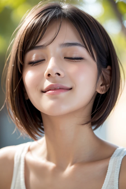 1girl, closeup face, short hair, looking up, kissing face, eyes closed, excited expression, no makeup, high detailed face