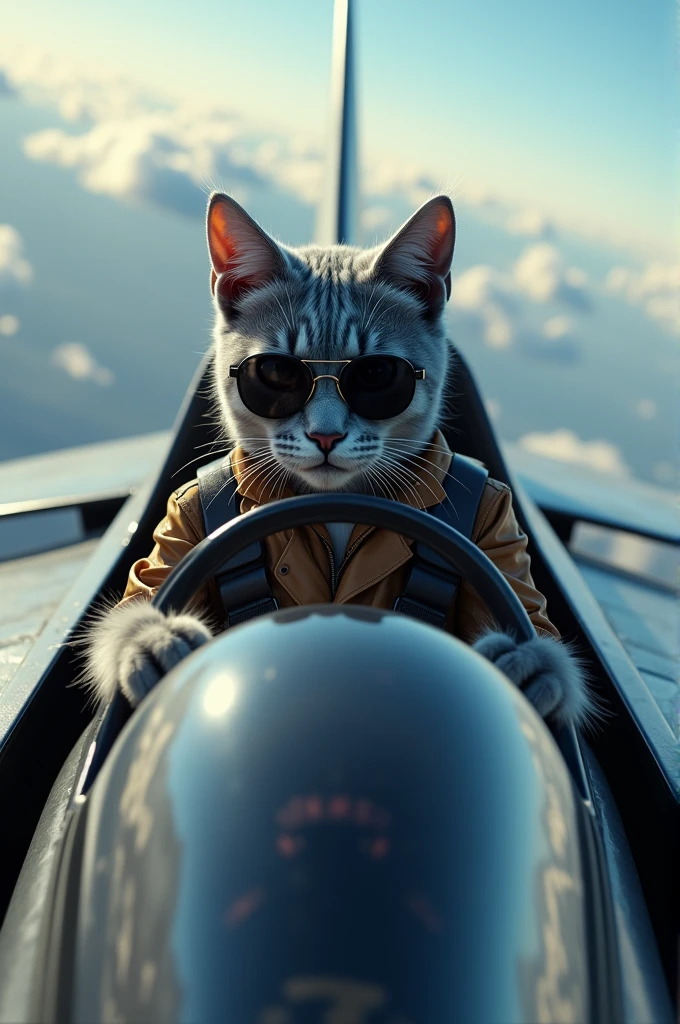 realistic, photography, masterpiece, pilotcat, topguncat, gray cat as a pilot in a fighterjet