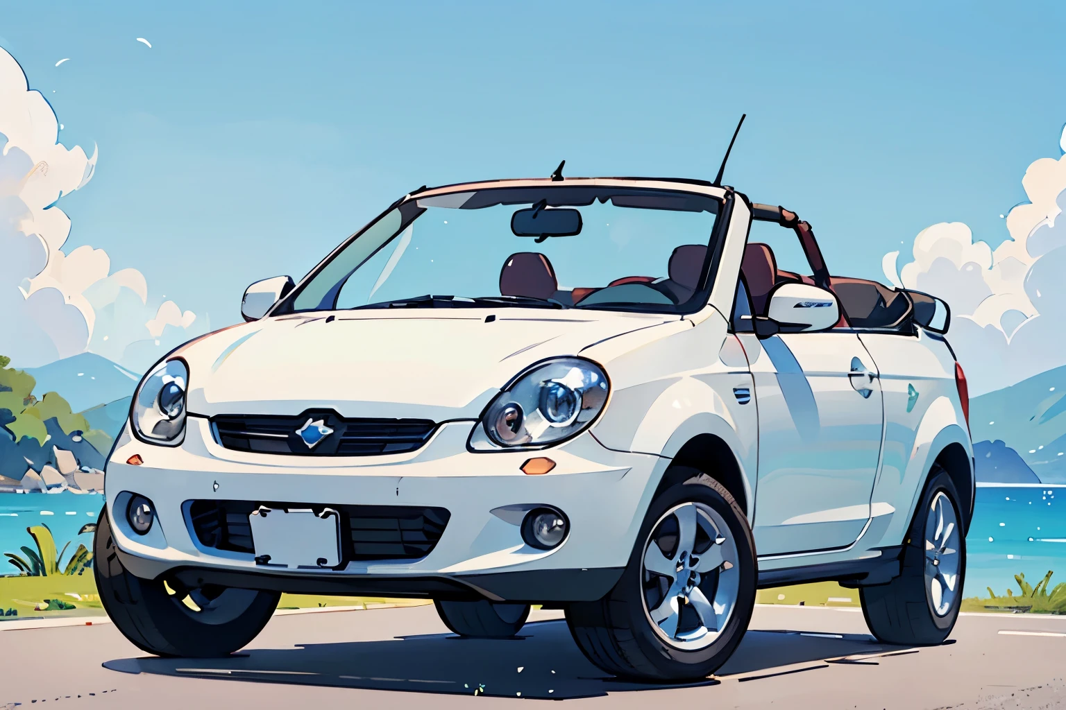 (White convertible:1.2)、Small and cute、Concept art for a new car、Summer blue sky, (Highest quality, masterpiece, High resolution)、8k、wallpaper、