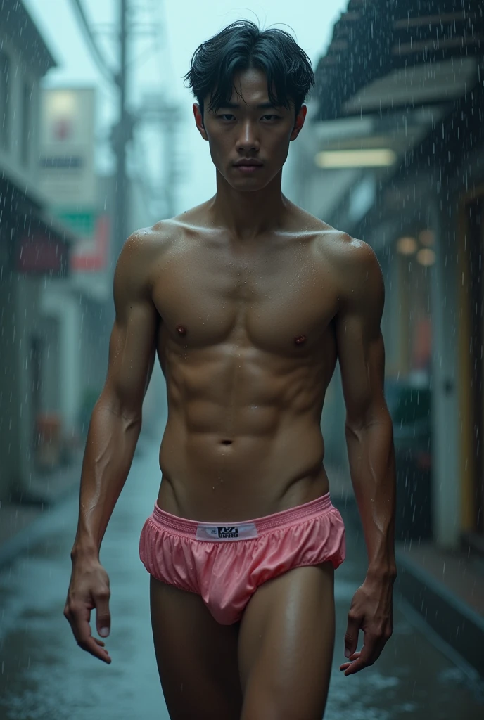 Gentlemankorean,(32K, top-quality:1.5, ​masterpiece, A high resolution, Photorealsitic)), 1man,(big bulge):1.3, in, 26 year old, street corner, Summer evening, (((Typhoon torrential rain))), Highly detailed facial and skin texture:1.2, ((looking at viewer, Slender getting wet in the rain:1.4)), (Rain drips all over the body:1.2, wetting hair, Wet clothes:1.1, water drop on the skin), ((Light purple wet office  uniform:1.4, )), ((facial hair)), (troubled look:1.2), , Wet pink silky underwear, , blurry backround, (( detailed face)), Upper body only,()), handsome face