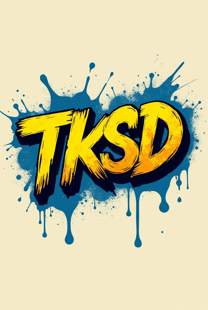 logo TKSD grafitty font, bold, splash, yellow oil texture, blue shadow, abstrack backround.