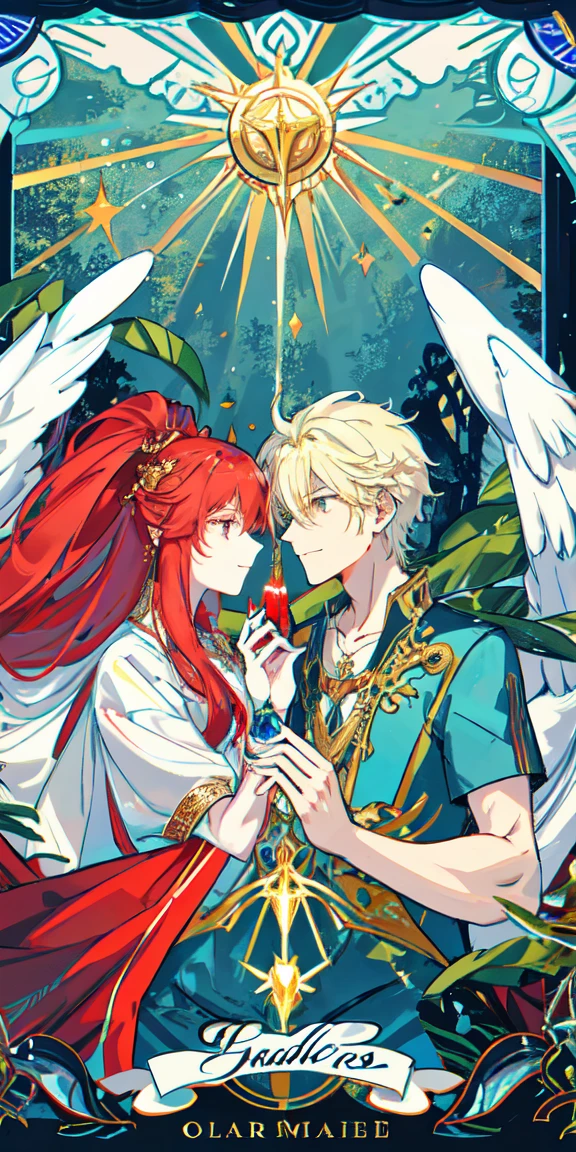（（tmasterpiece：1.2，best qualtiy），tarot cards：1.3，Lovers' Cards,Beautiful men and women.
Under the shining sun, an archangel, arms outstretched wide, is pouring his power down to earth. The man and woman in the foreground are Adam and Eve, symbolizing human instinct. They are the first man and woman to live happily in an earthly paradise.
Adam symbolizes masculinity and Eve symbolizes femininity, but they are looking at each other in different directions.

They also have different types of trees behind each other, indicating that there are differences in values between the sexes, such as the male's “reason” and “ability to think,” whereas the female's “senses,” “sensitivity,” and “intuition” are different.

They are both sinners who were tempted by the serpent, the devil incarnate, and banished from paradise after eating the forbidden fruit. But the two people depicted in this card are still in their pre-sin state, so they can make any choice they want to make in the future.

Eve is looking up at the Archangel, who provides healing and symbolizes superconsciousness, and it is important to make decisions that utilize her “senses” and “sensitivity” in order to make choices that will allow the two men and women to both be happy and harmonious and receive blessings from heaven.

Will Eve be able to overcome the temptation of the serpent who recommends the fruit of the tree of wisdom and make a good choice? What choice are you trying to make now?