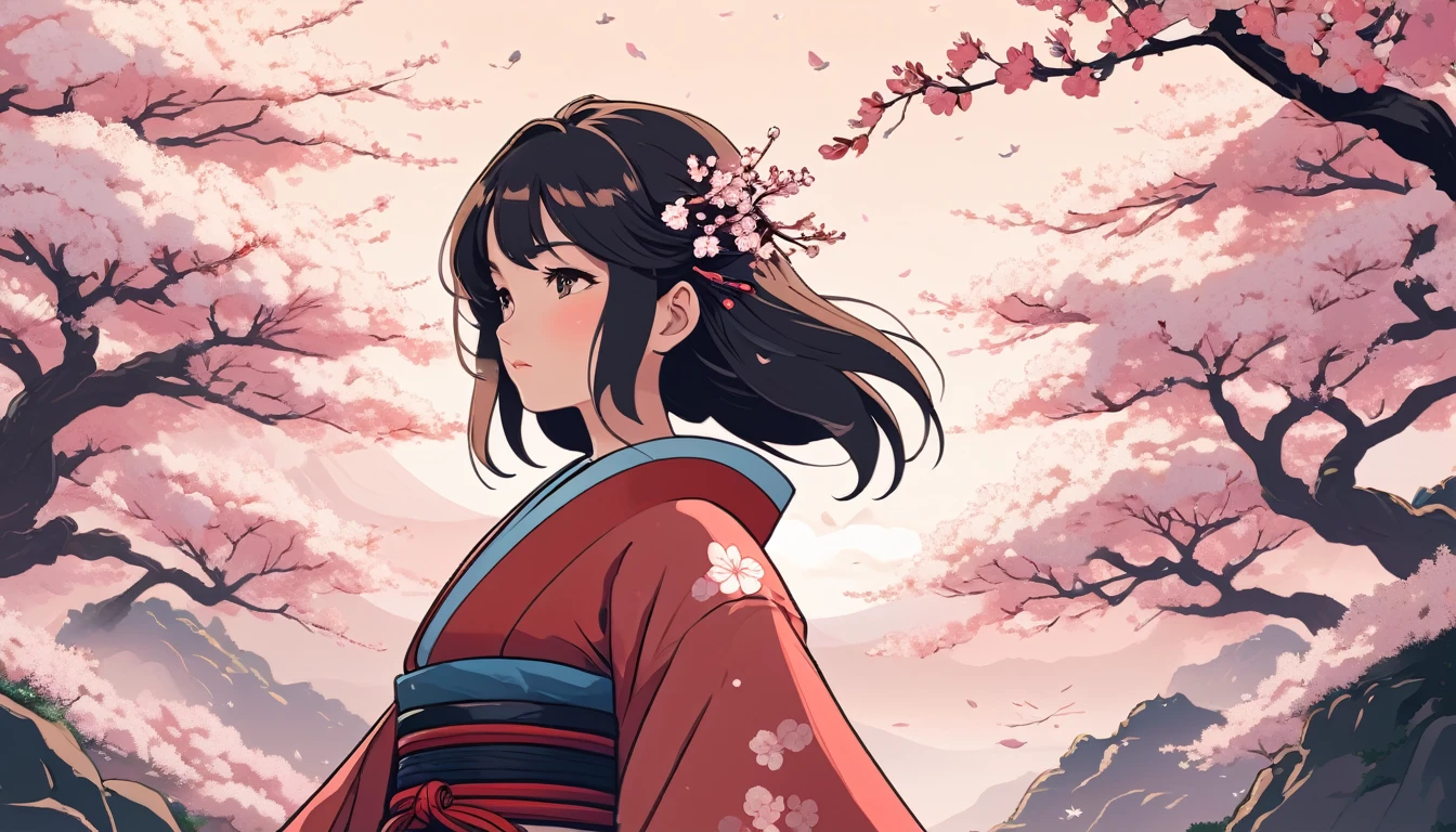 Female samurai、cherry blossoms、Wide-angle lens, Lofi Anime, Lofi illustration, Aesthetic atmosphere, Lo-Fi Style, Vector art, Flat Design, Simple shape, Warm tones, Pleasant atmosphere, Chill, In anime style, Digital drawing, Vector art, Vector logo for t-shirt printing, (Adorable:1.5), (small:1.4), (Playful:1.2), (soft:1.3), (Whimsical:1.1), masterpiece, Highest quality, 8k, Intricate details, grow, Celestial, Mysterious, Picturesque, amazing, Majestic, Magic, Fantasy art, Cover art, dream-like