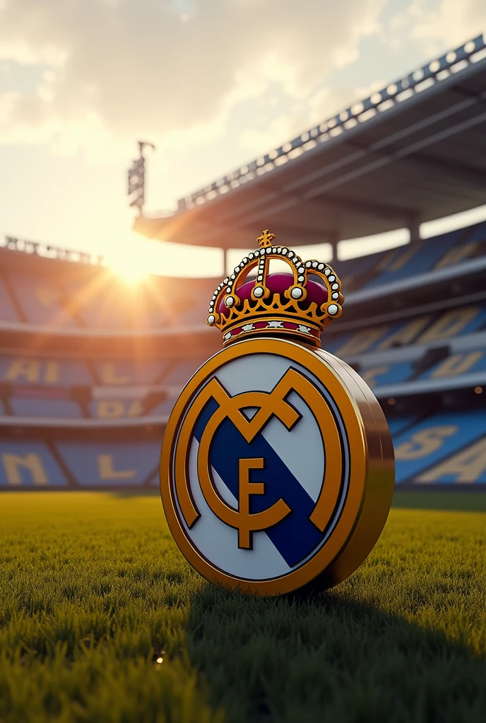 The most beautiful logo of Real Madrid CF with the Santiago Bernabeu stadium in the background at sunset