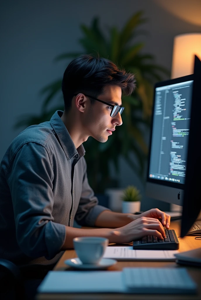 Create an image of an AI software developer sitting at work intently.