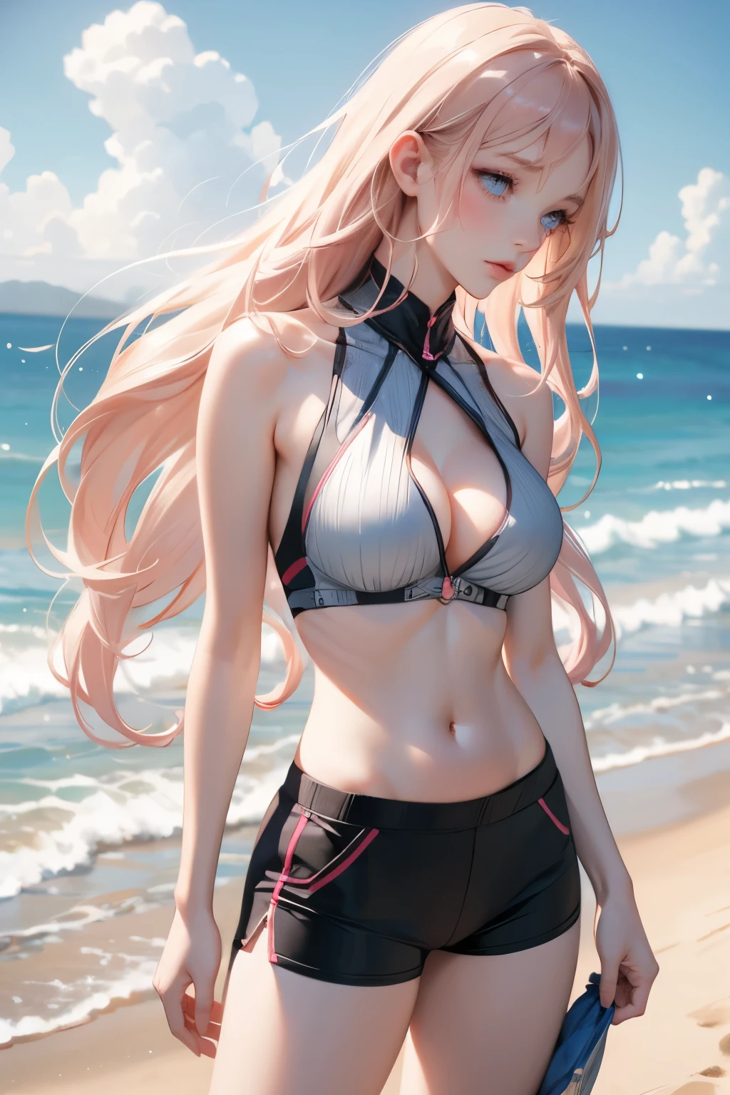 1 girl, very beautiful, masterpiece, attractive blonde, pink hair, blue eyes, expressive eyes, detailed skin, realistic skin texture, detailed eyes, (beautiful detailed face: 1.0), feminine focus, fitted top, sensual cleavage, big breasts, black sports shorts, left profile, on the beach,