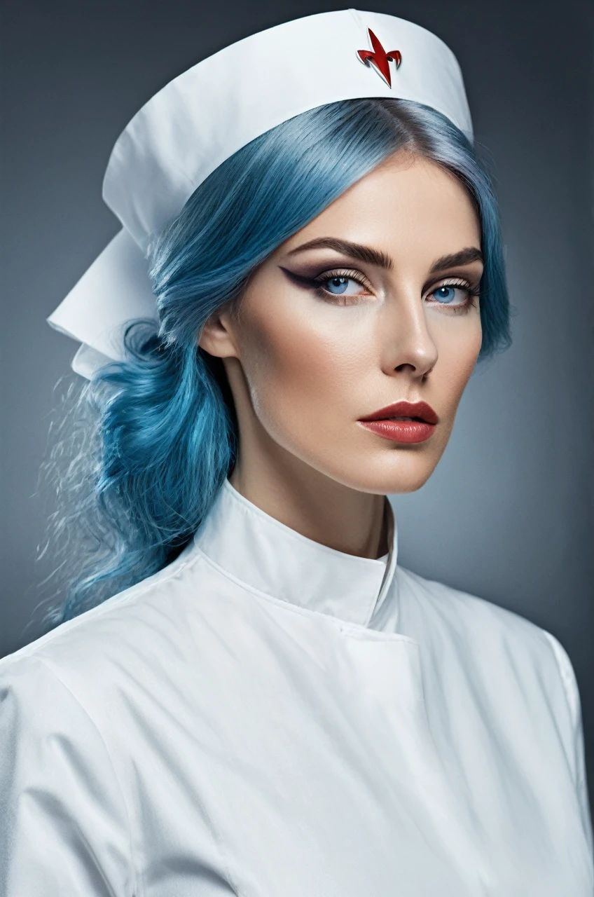 (photorealism:1.2) Create a realistic full-body image of a human female in a dramatic pose, depicting a nurse character in an 80s dark fantasy style., make it look like a scene from a Star Trek movie, with red irises, with formal white nurse uniform, white bandage on the ankles, wearing white ballerina shoes, Light blue hair gathered in a low ponytail on the lower side, with a nurse's headband, with a white medical patch covering his left eye, dark and shadowy color palette, do it in a dingy experiment lab