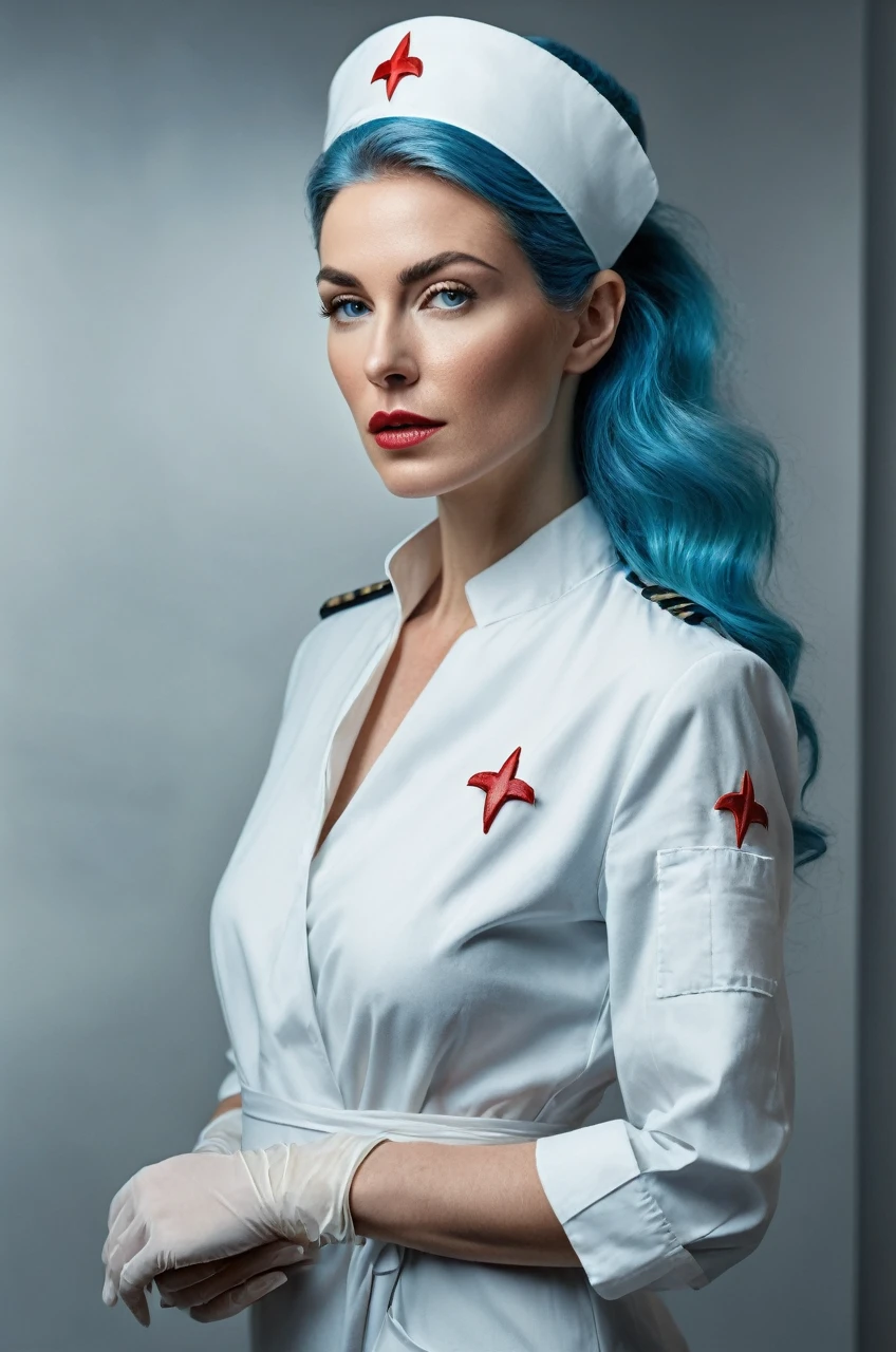 (photorealism:1.2) Create a realistic full-body image of a human female in a dramatic pose, depicting a nurse character in an 80s dark fantasy style., make it look like a scene from a Star Trek movie, with red irises, with formal white nurse uniform, white bandage on the ankles, wearing white ballerina shoes, Light blue hair gathered in a low ponytail on the lower side, with a nurse's headband, with a white medical patch covering his left eye, dark and shadowy color palette, do it in a dingy experiment lab