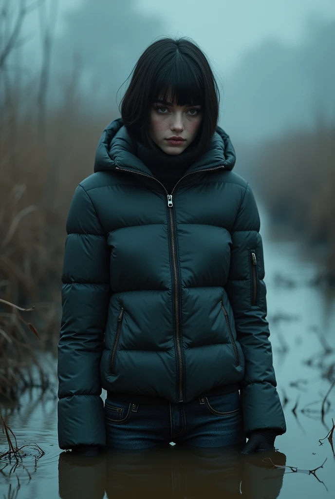 lightweight tight down jacket, taboo art, forbidden fetish, artistic woman, collar only, cold weather:1.0, dark washed old jeans,sinking in muddy bog, sexy despair, bob-cut, fog, sunset, intensive gaze
