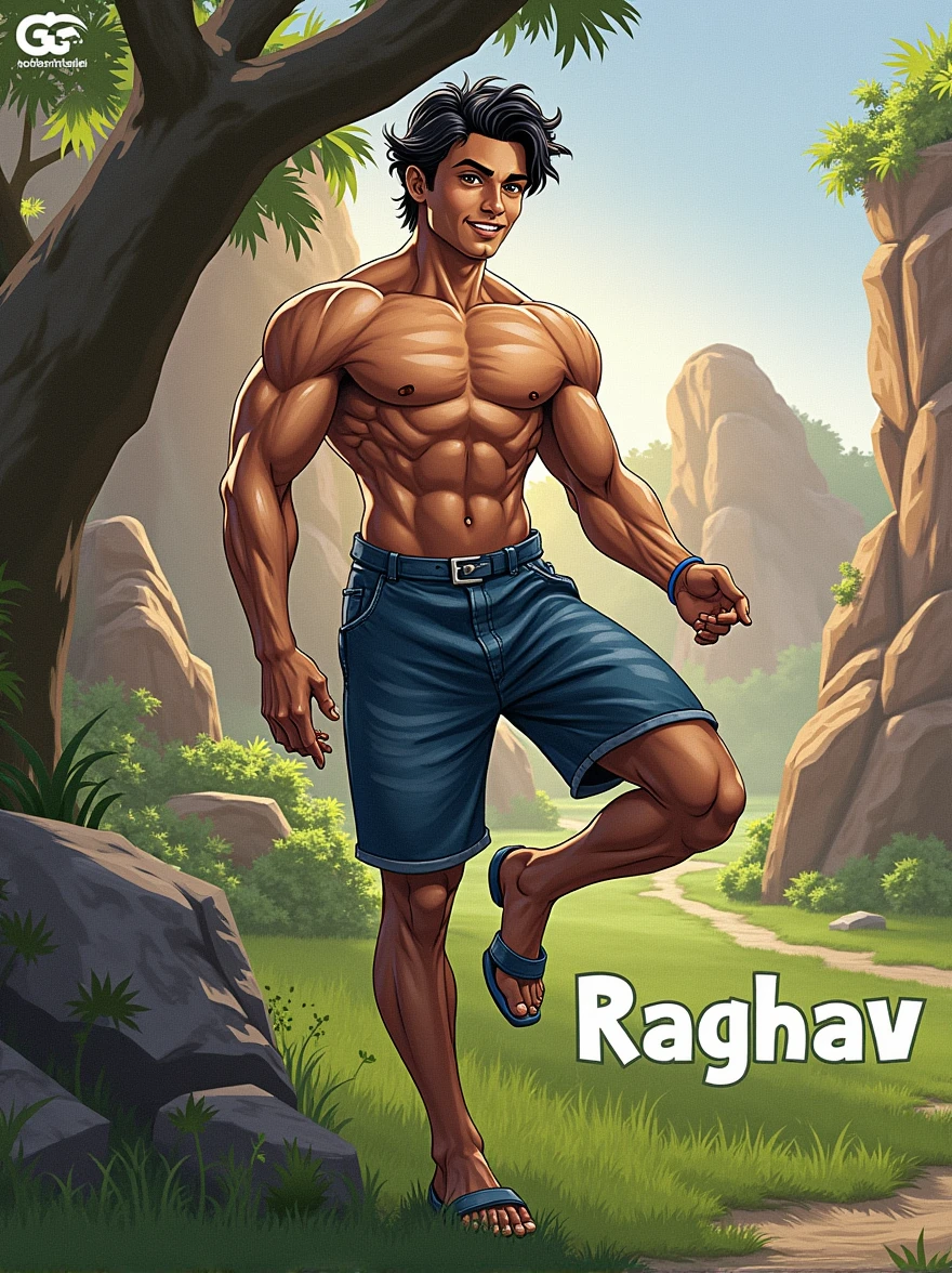 realistic indian 19 Year old cute boy lifting body written name "Raghav"