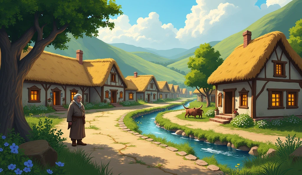 Visuals**: Show a peaceful village with a narrator introducing the story.
- **Narration**: "Once upon a time, in a small village, there lived a hardworking woodcutter named Ali.