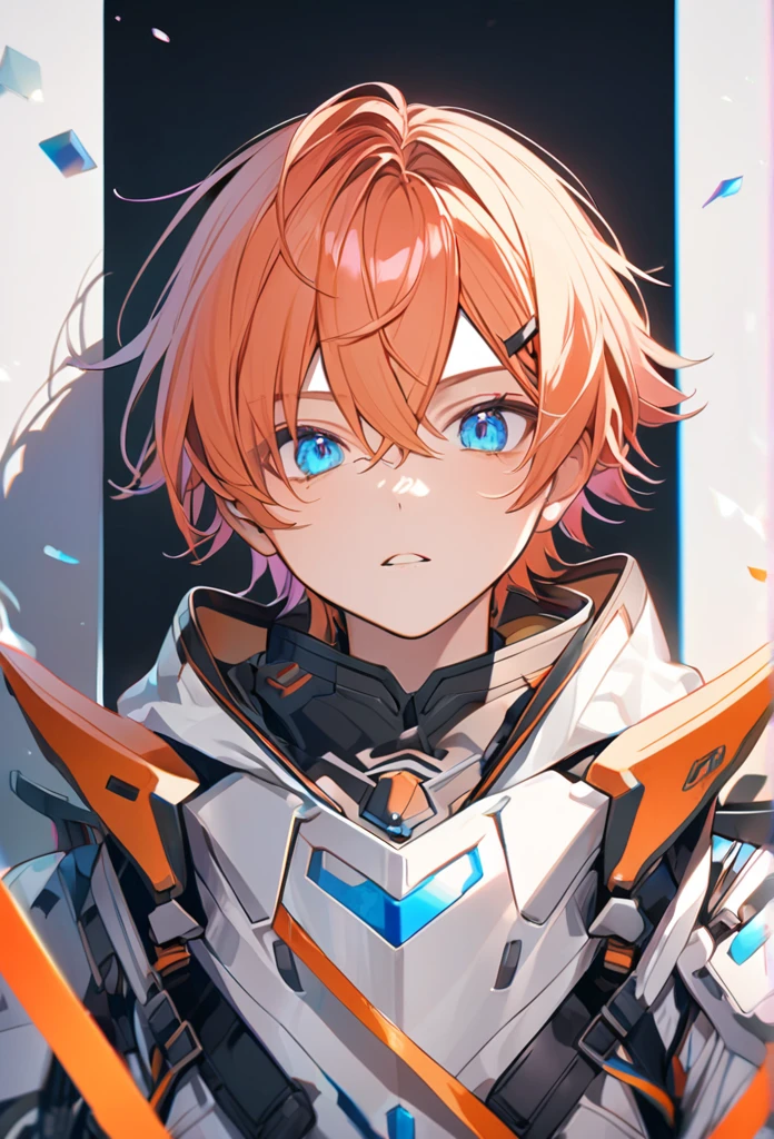 Boy with Short Straight Light Orange Hair with Pink Highlights and Blue Eyes.