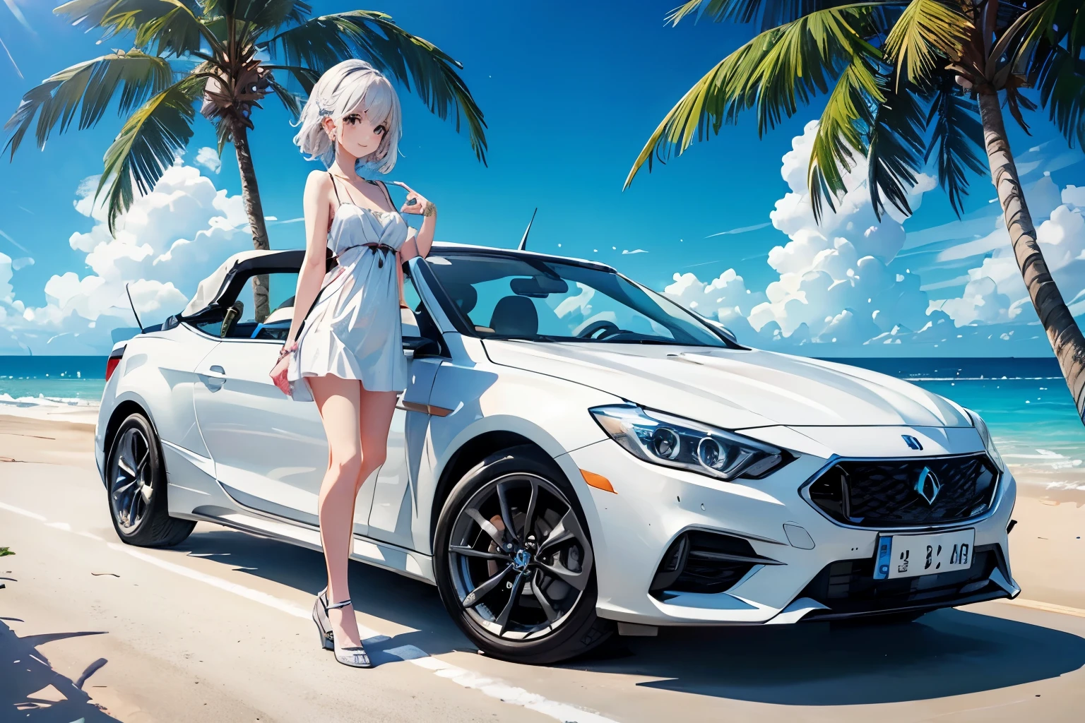 (White convertible:1.2)、Small and cute、Concept art for a new car、A pretty campaign girl is standing next to the car with a smile.、Sandy Beach, Palm tree, Summer blue sky, (Highest quality, masterpiece, High resolution)、8k、wallpaper、