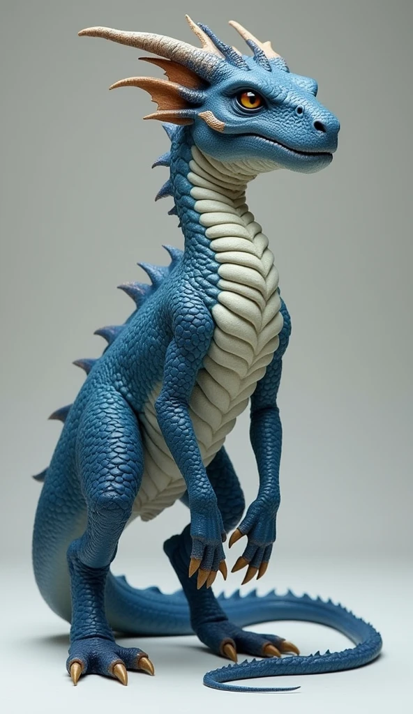 Species ("Four legged Dragon")
Appearance ("Height 330 cm"+"Body covered in rough scales, while her genitals are very smooth"+"Sharp claws and sharp teeth"+"Horn on head"+"Brown eyes"+"Scales on abdomen and inner legs are white"+"Scales on other parts are blue"+"Small wings"+"Flying"+"Slender tail"+"Brown eyes")