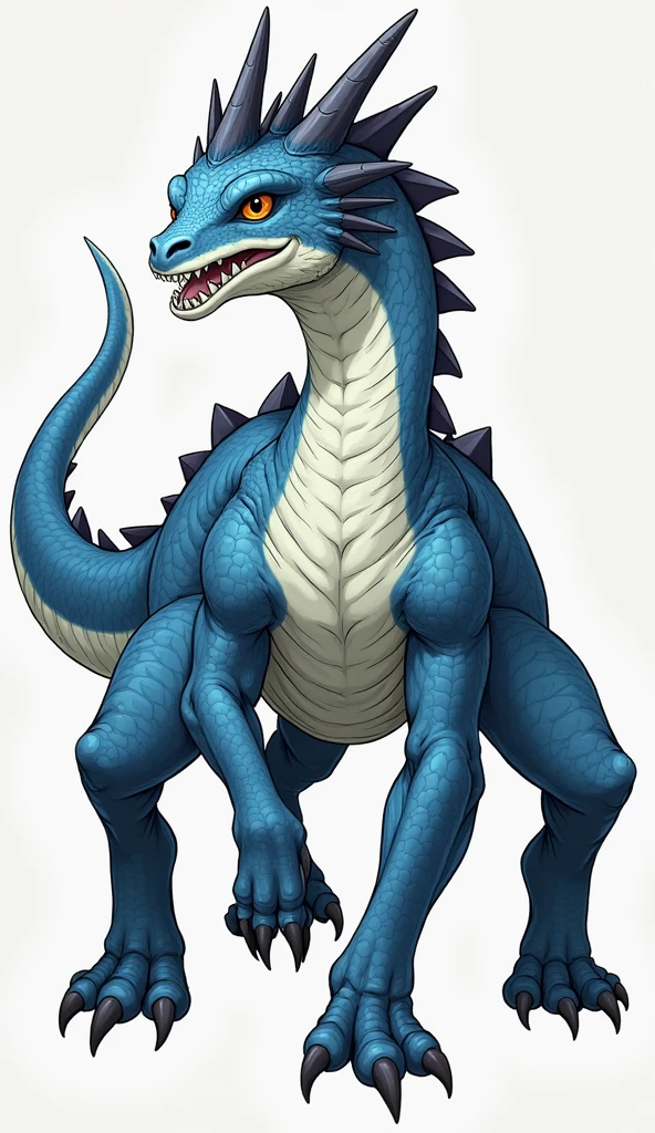 Species ("Four legged Dragon")

Appearance ("Height 330 cm"+"Body covered in rough scales, while her genitals are very smooth"+"Sharp claws and sharp teeth"+"Horn on head"+"Brown eyes"+"Scales on abdomen and inner legs are white"+"Scales on other parts are blue"+"Small wings"+"Flying"+"Slender tail"+"Brown eyes")