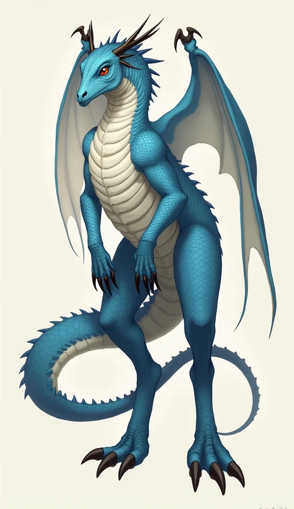 Species ("Four legged Dragon")
Appearance ("Height 330 cm"+"Body covered in rough scales, while her genitals are very smooth"+"Sharp claws and sharp teeth"+"Horn on head"+"Brown eyes"+"Scales on abdomen and inner legs are white"+"Scales on other parts are blue"+"Small wings"+"Flying"+"Slender tail"+"Brown eyes")