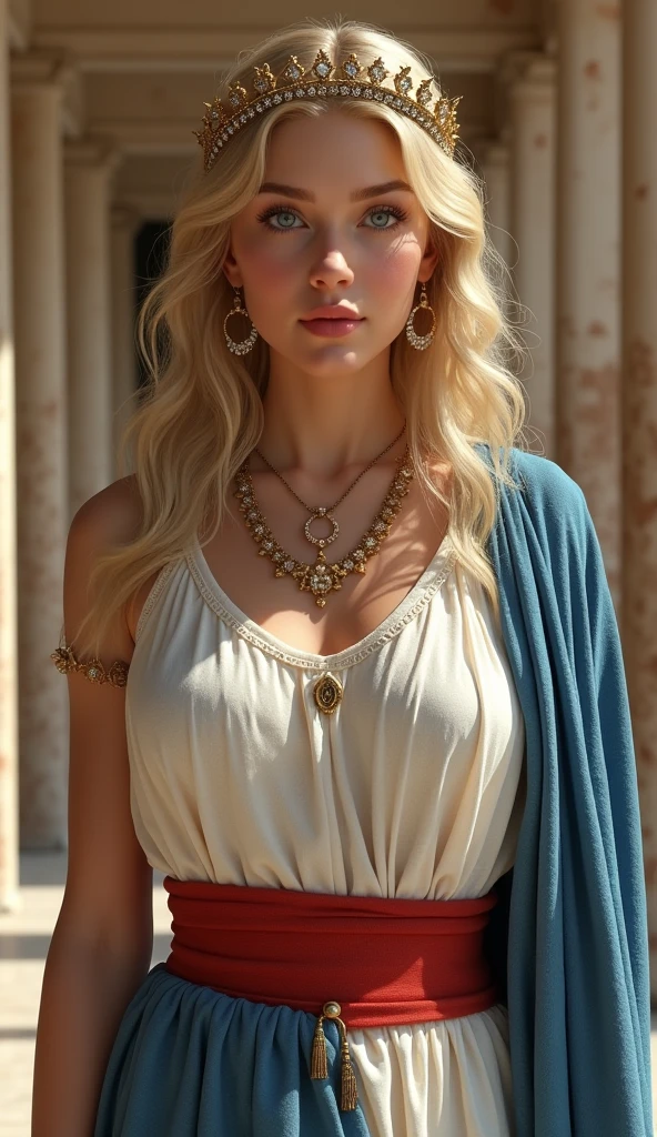 Front view, Full-body , in Jew place BC1st century, Herodian King's wife, Mariamne 20 years old, Greek-style clothing of the Jews at that time, Jewish girl, 18-year-old, (Light Gold Hair, Mid-length hair ,blue eyes, Beautiful Lips, Small lips), (Gold crescent earrings, Gold Necklace, diamond Tiara), red wide belt (Big Breasts, slender waist, Wide Hips) , (wearing White an linen ancient Roman imperial tunic), (Blue Toga:1.3), Textured skin , HI Detail Skin, (Shorthand, Canon, 8k, Anatomically correct, Super Detail, Attention to detail, Your Highness,