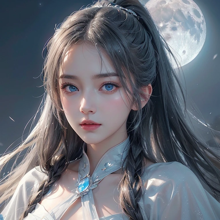 masterpiece, (Highest quality: 1.2), (Super fine: 1.2), figure, (Very delicate and beautiful: 1.2), Film Angle, floating, (Beautiful detailing: 1.1), (Detail Light: 1.1), Film Light, Delicate Sky, woman, Gray Hair, Blue eyes, (High Ponytail: 1.1), cape, Glowing Eyes, (moon: 1.2), (moonlight: 1.1), Starry Sky, (Particles of light: 1.1), fog , Snow Painting, sketch, flowering,Front image