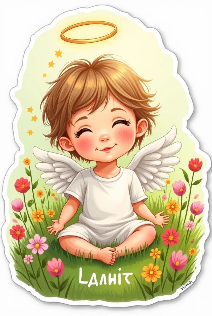 Drawn angel sticker - a child in the grass
Halo above his head. Flowers
Word" limit" in Cyrillic, under it
