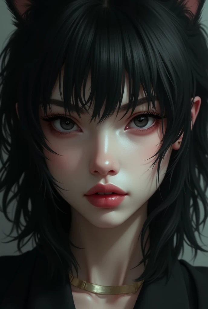 I am white and yellow, I have black wolf cut hair, fine face,slanted eyes, bad girl face, Full lips and super pretty, the hair a little longer, marked jaw, no bangs, no bangs, black hair and black eyes