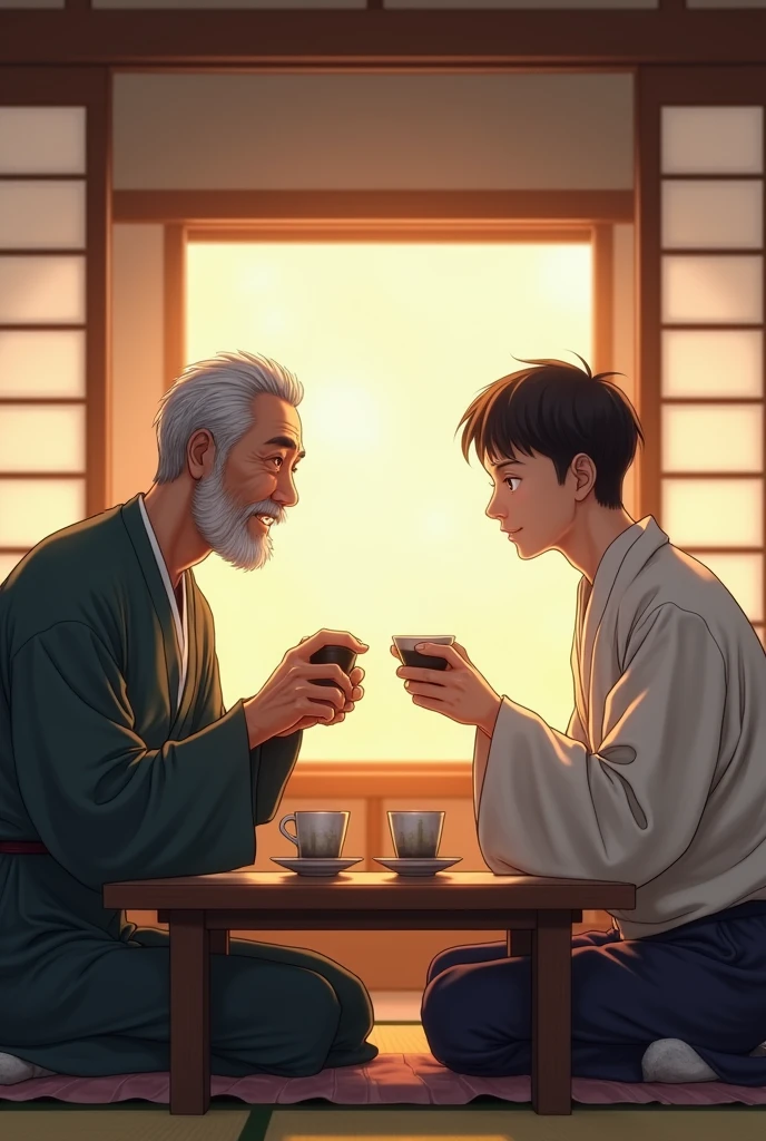 A traditional Japanese setting with a tatami mat floor and sliding shoji doors. A middle-aged Japanese father and his young adult son sit across from each other at a low wooden table. They are both dressed in casual but traditional Japanese attire, such as yukatas. The father, with graying hair and a warm, wise expression, pours sake into his son's cup from a ceramic bottle. The son, in his early 20s, looks on with respect and gratitude, holding his cup with both hands. Soft, ambient lighting adds to the intimate and peaceful atmosphere, highlighting the bond between them as they share this cultural tradition.