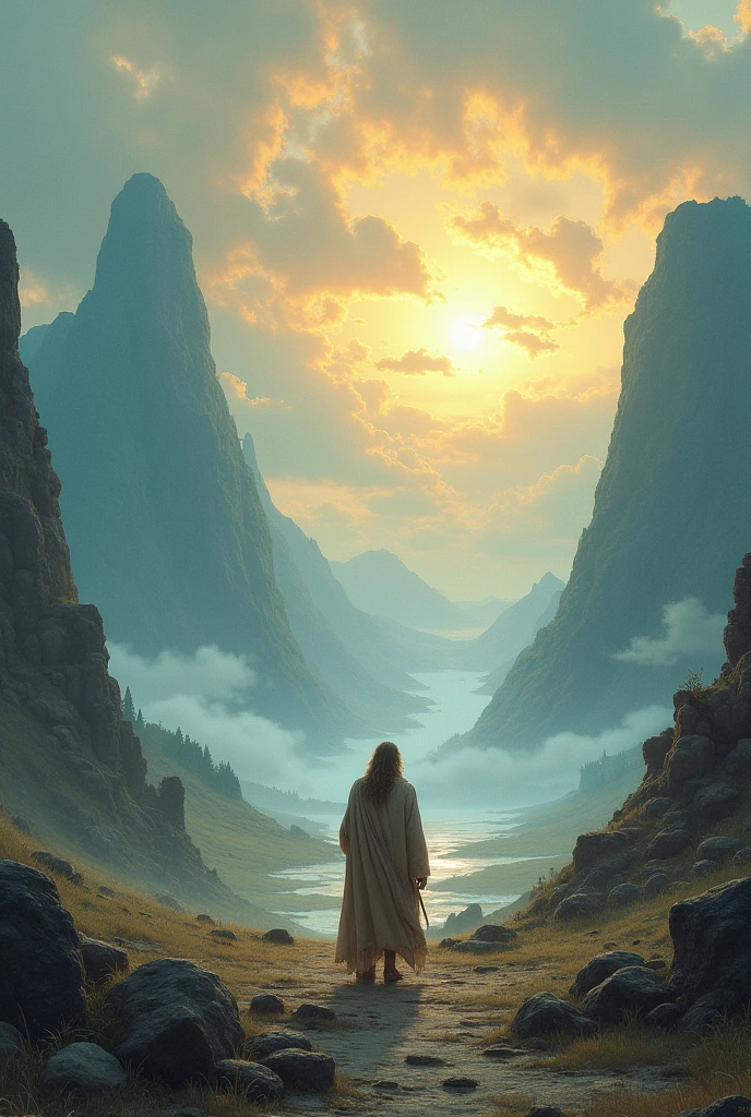 Angelic being without human affections, a creator being of the universe, mythology, In the background of the image, a scenario of heavenly mountains, orange clouds. The style of the image should be in comics, with strong and striking strokes, and mythological and angelic touches on the characters