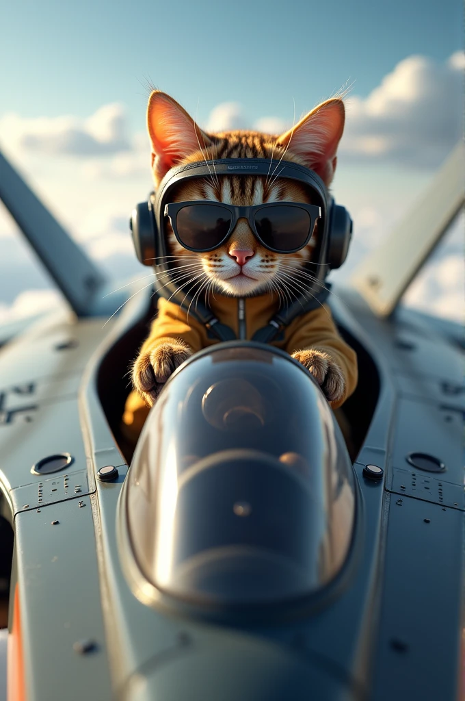 realistic, photography, masterpiece, pilotcat, topguncat, cute cat as a pilot in a fighterjet