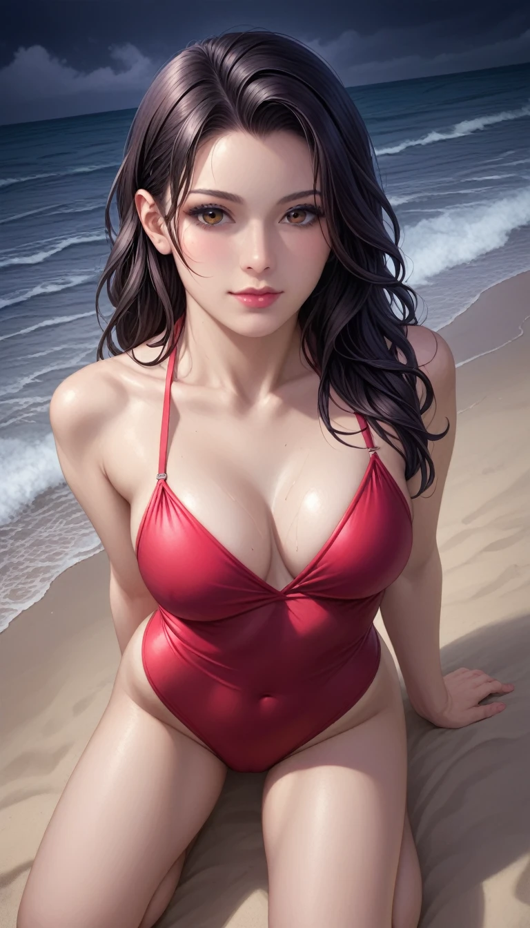 score_9, score_8_superior, score_7_superior, High-resolution CG illustration,A masterpiece in 32K resolution,Highest quality,it is really amazing,Very detailed,Ultra-high resolution,Ultra-realistic,Realistic,Increased depth of field,Cinematic lighting,
Sexy mature Japan woman,
Long black hair,Showing his forehead,Ultra-detailed and beautiful face,Calm and gentle look,Beautiful brown eyes,Translucent white skin,Realistic skin texture,Great proportions,
Elegant red swimsuit,
Simple design,Chic color scheme based on red,Detailed fabric texture,
(Dark overcast sky on a dull night:1.1),(Dark clouds filling the sky:1.1),Thundercloud,Coastline at night,Stormy seas,delay々A desolate sandy beach that continues,
Kneeling on the sand,High angle,