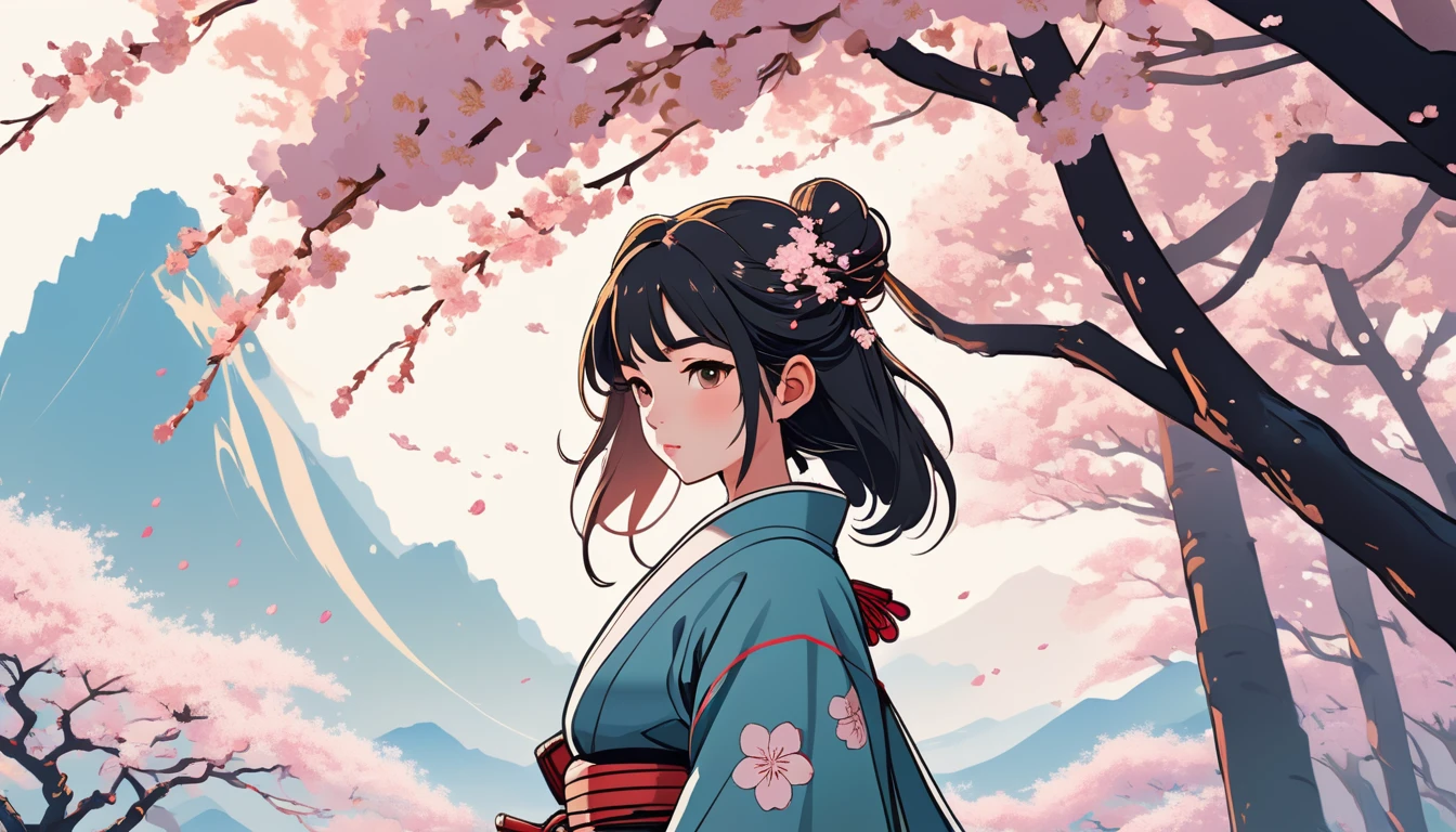 Cool female samurai、cherry blossoms、Wide-angle lens, Lofi Anime, Lofi illustration, Aesthetic atmosphere, Lo-Fi Style, Vector art, Flat Design, Simple shape, Warm tones, Pleasant atmosphere, Chill, In anime style, Digital drawing, Vector art, Vector logo for t-shirt printing, (Adorable:1.5), (small:1.4), (Playful:1.2), (soft:1.3), (Whimsical:1.1), masterpiece, Highest quality, 8k, Intricate details, grow, Celestial, Mysterious, Picturesque, amazing, Majestic, Magic, Fantasy art, Cover art, dream-like