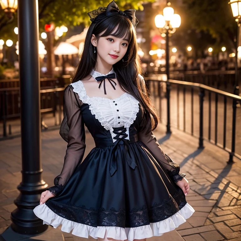 The skirt has a bow at the back of the waist, Skirt length to calf, cupcake dress, Layered skirt with lace on each layer, Wear a LOLITA dress, layered dress, Black lolita skirt, The skirt has a lot of lace, Long sleeve, Wide sleeves, Big skirt, layered lace skirt, Puff sleeves, Wide sleeves, Transparent sleeves, intricate details showcase the ruffles and intricate designs of the Lolita dress, Wearing a lolita dress, in the amusement park, at disneyland, best quality, Delicate face，beautiful visual work, lifelike, eternity, black hair, Long curly hair, blunt bangs, Smile, Detailed Background, Delicate face，blush，cold，((masterpiece))、(top quality)、8k、high detail、Super detailed，41-year-old female， masterpiece、born、Scenes resembling fairy tale illustrations、intricate details和複雜的設計、Beautifully、magic、capricious、 Beautifully、Dream aesthetics、「𝓡𝓸𝓶𝓪𝓷𝓽𝓲𝓬、ethereal、charming、fickle、magic」、realism、Visual effects、FXAA、SSAO、Shader、voiceless、ambient lighting、Tone mapping、High resolution、Ultra high quality、Million pixels、(8K resolution:1.10)、8k、8k以下、8K resolution、high detail、intricate details， (high quality:1.2、masterpiece:1.2、:1.21)、(41-year-old female:1.21)、(興奮地Smile)、(Surrounded by a dreamy atmosphere、Model diagram，full-body shot，Normal 2 feet，Put your hands behind you，The protrusion of the breast is visible when wearing clothes, Large Breasts, H cup chest, Don&#39;t show your fingers, full-body shot， full-body shot，full-body shot，full-body shot，full-body shot，full-body shot，full-body shot，full-body shot，hands hidden in clothes, hands hidden in clothes,hands hidden in clothes,hands hidden in clothes,hands hidden in clothes,hands hidden in clothes,hands hidden in clothes,hands hidden in clothes,hands hidden in clothes, ,hands hidden in sleeves ,hands hidden in sleeves ,hands hidden in sleeves ,hands hidden in sleeves ,hands hidden in sleeves ,hands hidden in sleeves ,hands hidden in sleeves ,hands hidden in sleeves, arms behind back, arms behind back, side view, side angle, Each layer of the cake skirt has lace, side view photo, side angle shot, Black and white lolita dress, side view, side view, side view,Side angle, Side angle, in the Disneyland Park