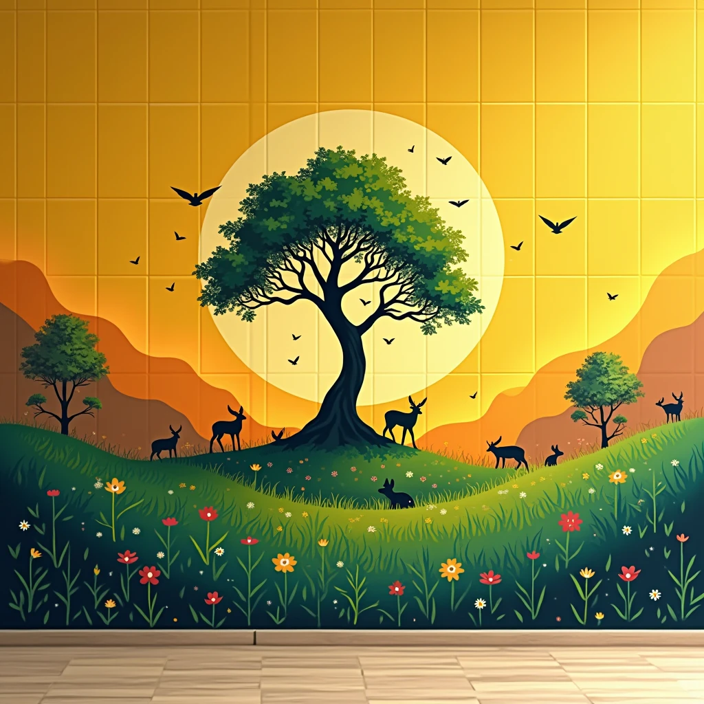 "A vibrant vector art wall painting in the ratio 11:7, in landscape orientation. The scene features a 2D-shaped 'Kalpa Vriksha' as the central object, with a well-above sunrise casting a warm glow. The surrounding area includes lush green grass with small animals like deer and rabbits near the Kalpa Vriksha. The sky has a soft morning hue with a few birds in flight. The colors are vibrant and attractive, designed to match yellow surrounding tiles