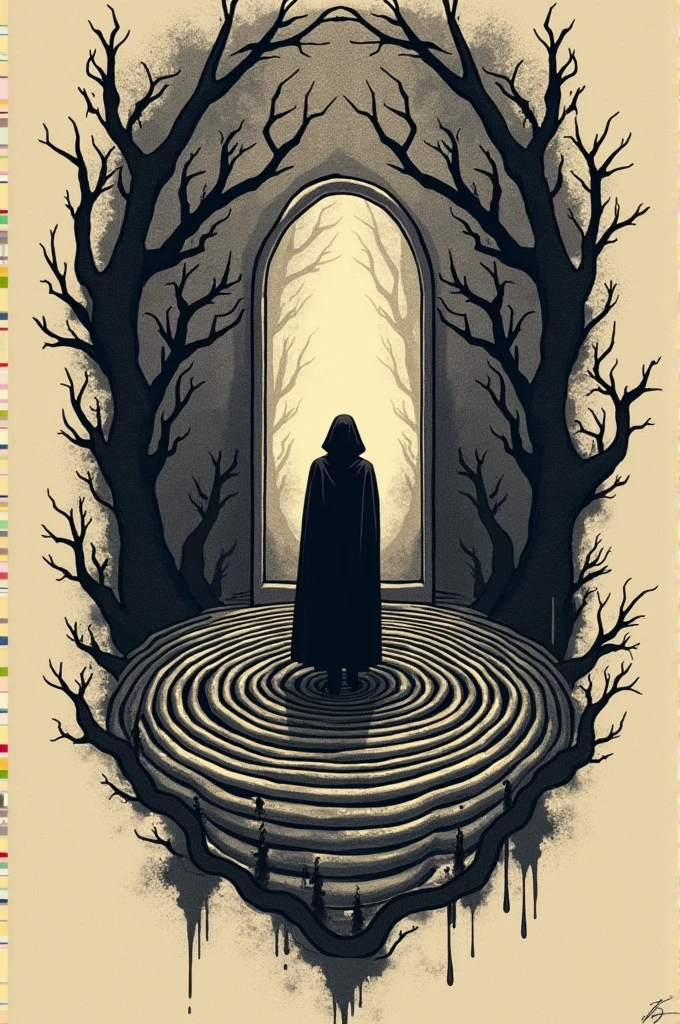 Draw a tattoo referencing this phrase " I keep circling through a labyrinth where I always end up facing the same mirror"