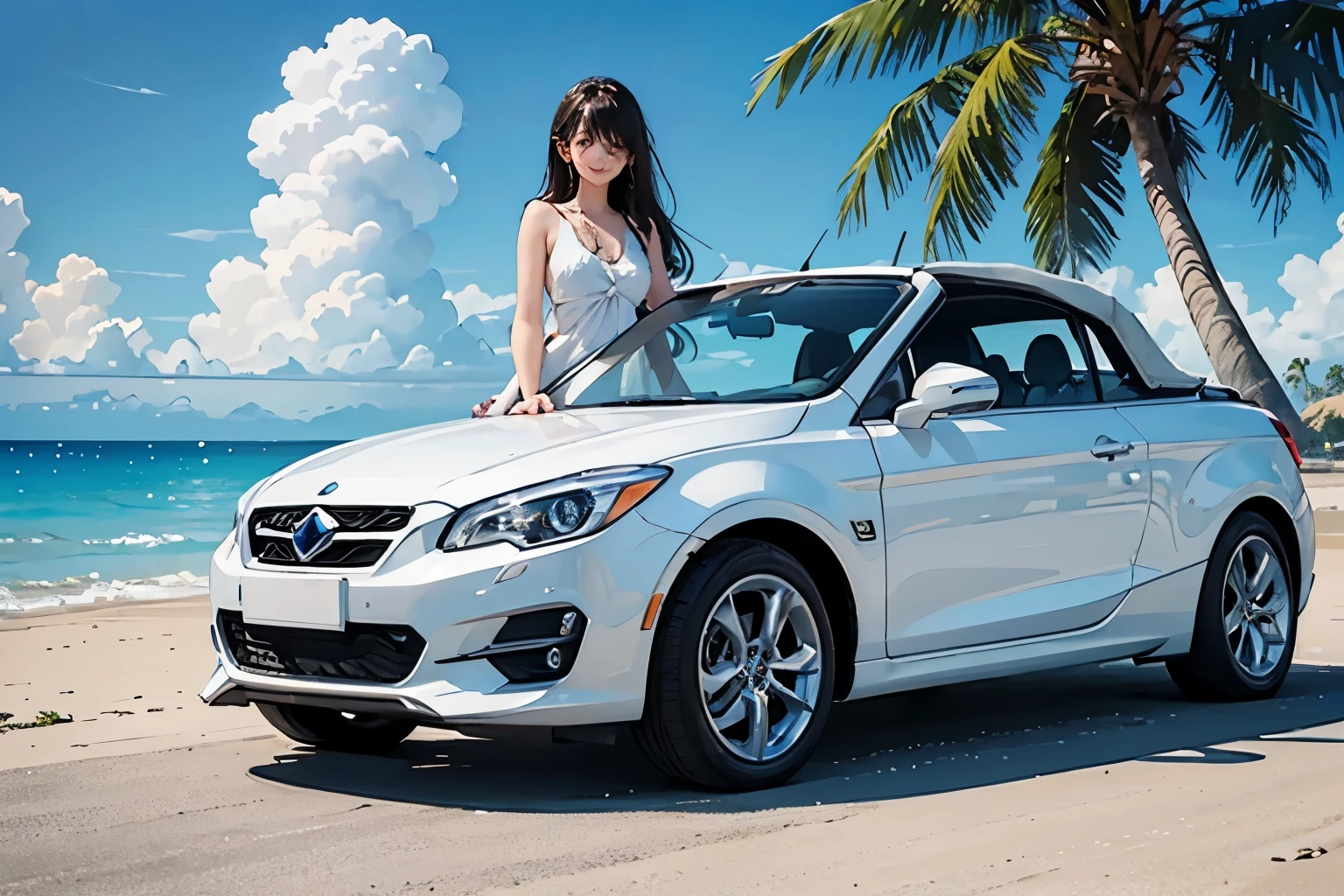 (White convertible:1.mall and cute、Concept art for a new car、A pretty campaign girl is standing next to the car with a smile.、Sandy Beach, Palm tree, Summer blue sky, (Highest quality, masterpiece, High resolution)、8k、wallpaper、