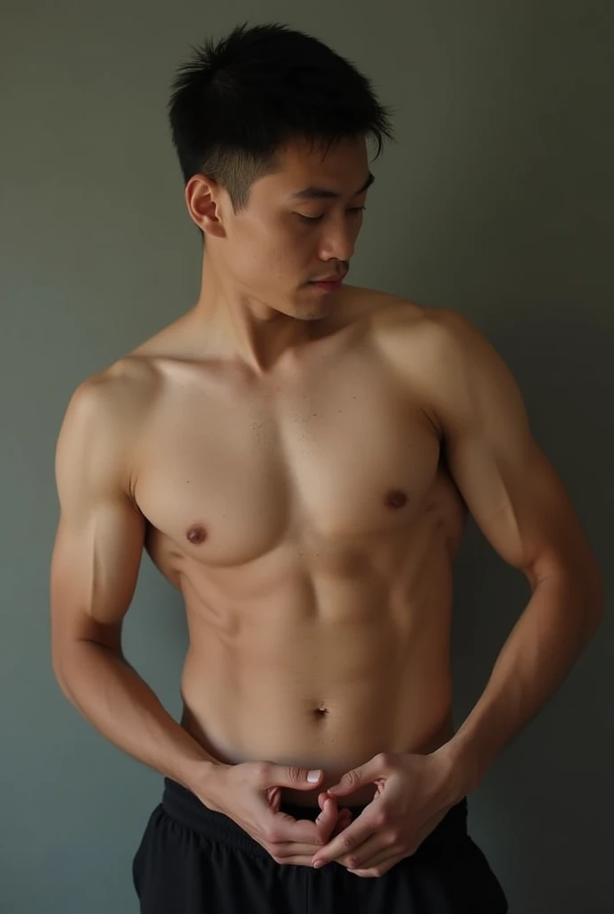 an Asian man with slightly defined muscles without clothes with a hard penis and masturbating
