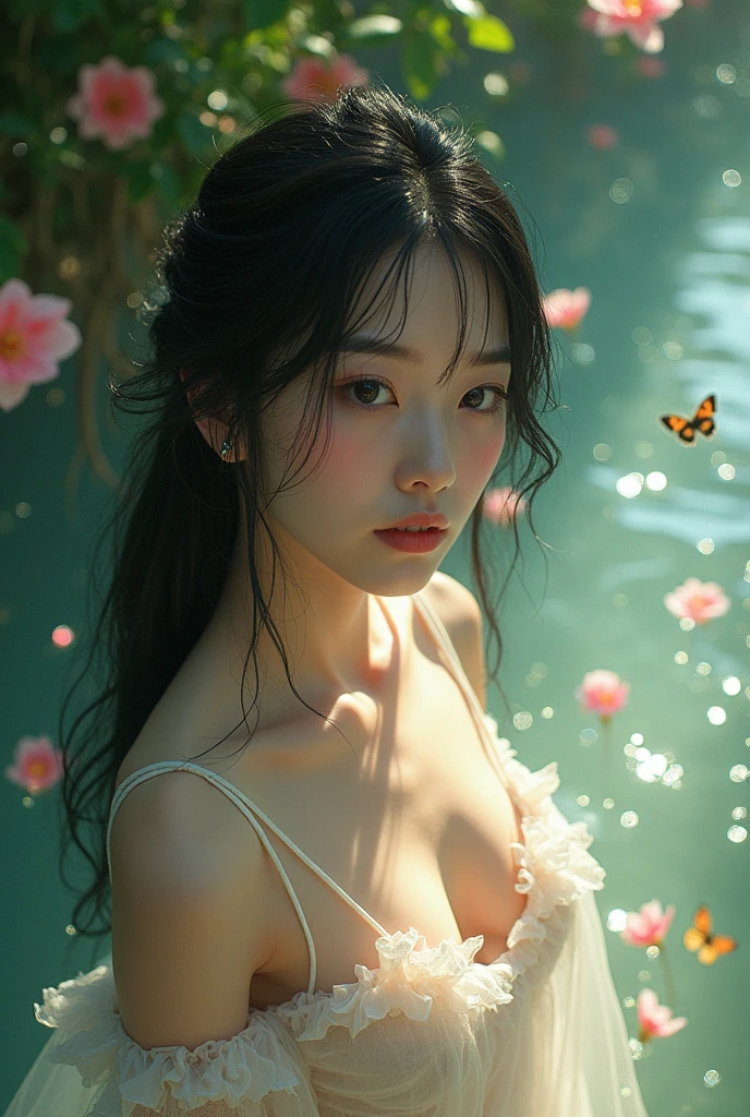 (((Full body image of a woman))),(Model shooting style), (shy), 1 person, Lonely, Shiny black hair、 Extremely rich facial detail, Beautiful Eyes, cute, Slightly red cheeks，bright, Lonely Eyes, Stunning beauty, (Rembrandt Lighting,Loop Lighting,Butterfly Lighting),Shift Lens, ARRI Lenses, Surreal, (Skin with attention to detail:1.2),8k,ARRI ALEXA 35,Promise, Dramatic Rim Light,Sparkle Effect, high quality,Very delicate and beautiful, wonderful, In detail, masterpiece, Very detailed, High resolution,Best Shot, ((Best Shadow)),Exquisite contrast,Complex,Sharp focus, high quality, 1 Japan woman, alone.cute,Yoshika Matsuda,Grand oasis,Splashes of sweat,Wet,Lens flare,No sleeve,Frills,Beautiful breasts,Swallowtail butterfly,A butterfly flutters,Cool eyes,Glossy Lips,An ennui smile,Glowing Skin,Transparent skin,From above,((Open your arms)),Waistline,Beautiful nipples,((No shirt, Very good, Naked underneath, Bare chest, Barely covering her nipples)),((Wet, Her clothes are transparent, Her body and skin sweat)),((View from the rear, From above見た図, Bare back)),Bloom, Flowers are blooming everywhere,Front blur,Lens flare,Sparkling Eyes,Vivid Rouge,Combat mecha legs