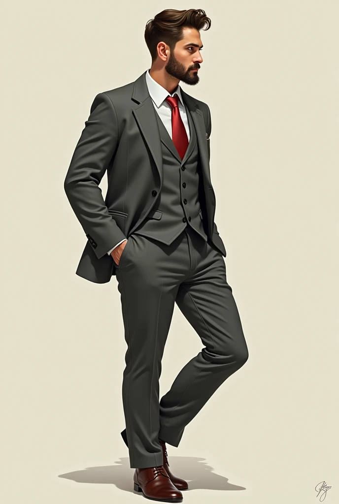 a guy in a suit, but his left pant leg is pulled up just below the knee and his chin hair is visible.
