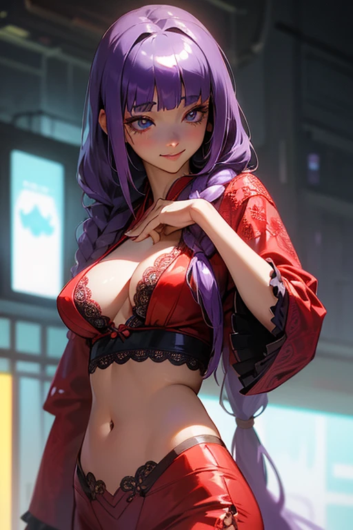 1 person, Blunt bangs, Braiding, Wide sleeves, hair ornaments,Obi says, (Purple Hair:1.2), Very long hair, Straight hair, Looking at the audience, Highly detailed background, (Realistic:1.2), Beautiful Eyes, Red eyeshadow, thigh, (Urzan-6500:0.7), Upper Body, (alone:1.2), (Cyberpunk City:1.1), Cleavage,,Glowing Skin、(Navel exposed).((Face close-up))、((smile))、(Red lace costume).((Sexy pose)).