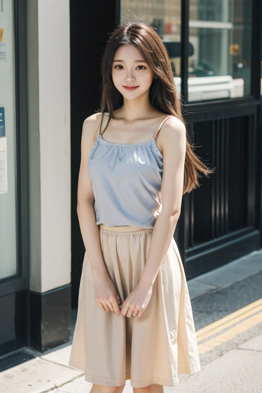 Top quality, 1 beautiful woman, long Hair, brown hair, wearing Camisole & skirt, shy-smile, Sunlight, at street