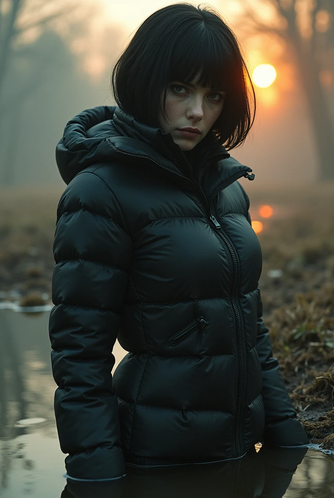 lightweight tight down jacket, taboo art, forbidden fetish, artistic woman, collar only, cold weather:1.0, dark washed old jeans,sinking in muddy bog, sexy despair, bob-cut, fog, sunset, intensive gaze, orgasm
