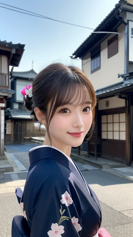 Professional Lighting,(Photorealistic:1.4), (Top image quality:1.0), (超High resolution:1.0), 8k, Raw photography, (masterpiece:0.2), (Facing the ren_v1:0.5)、(最高quality Detail:1.2)、Realistic、8k UHD、High resolution、(1 person:1.2)、超detailedな、High quality textures、複雑なdetailed、detailed、Very detailed quality shadows、detailed 美しく繊細な顔、Beautiful details and a delicate eye、(Symmetrical eyes:1.2),Written boundary depth、Ray Tracing,1 person, Japanese, (Natural smile:1.4),cute, thin, Portrait of a beautiful Japanese woman in a kimono, Standing elegantly on a street corner in Kyoto. Kimono with vibrant traditional patterns, Hair decorated with elegant and delicate hairpins, Gentle expression. (With the old streets of Kyoto in the background:1.4)、The soft light of a spring afternoon、Adding tranquility to the scene. Rendered in a Realistic style with great attention to detail, High resolutionの画像.Sky Porn,ic Hour, (Realistic:1.3), finely, quality, (Tabletop:1.2), (Realistic:1.2), (最高quality), (複雑なdetailed), dramatic, Ray Tracing, photograph, +roller