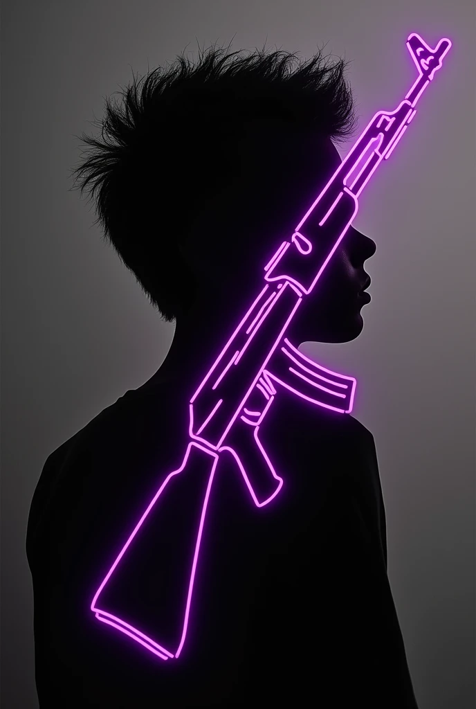 Black and white logo with purple neon silhouette ,with an AK47 rifle, very short textured hair

