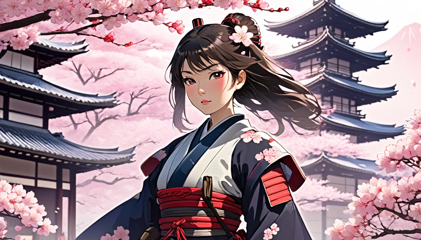 Female samurai,Background is cherry blossoms and a Japanese temple、