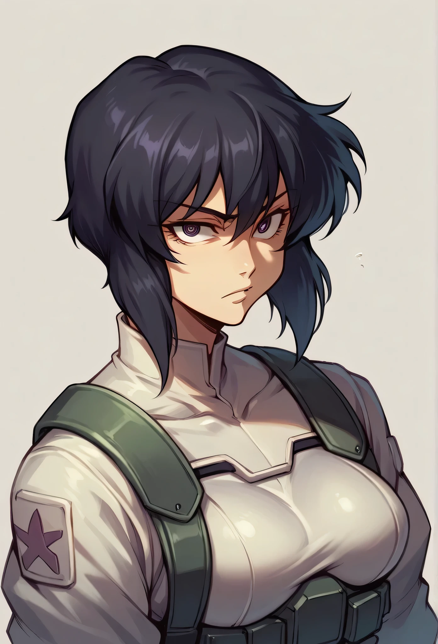 Mokoto Kusanagi from Ghost in the Shell, short black hair,  black military suit, round cybernetic eyes