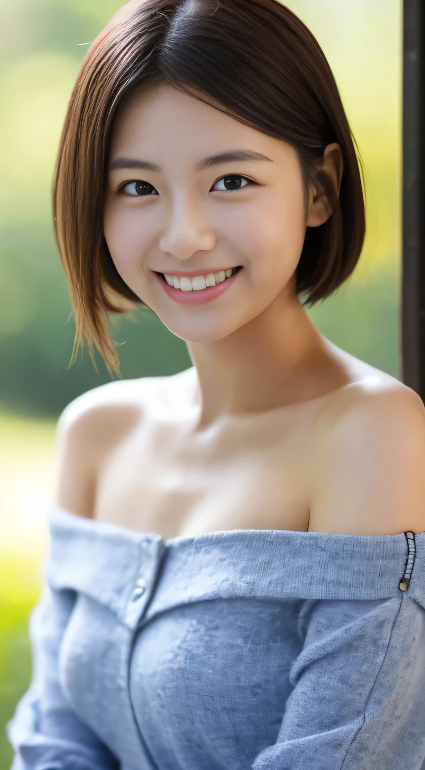 masterpiece,best quality,(Japanese girl),((Beautiful girl)),cleavage,(off shoulder:1.2),(perfect body beauty:1.2),(shy smile),beautiful teeth,From slightly above