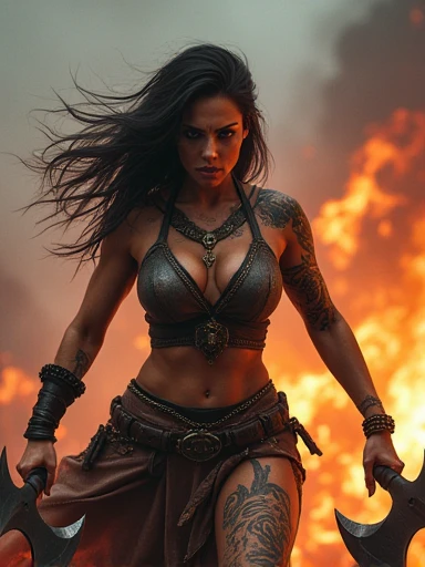 A gorgeous 23-year-old European woman, detailed eyes, detailed lips, long eyelashes, curvy body, cleavage, ancient female berserker, fighting a in battle. Full of anger and rage.handling short axes in both hands, dramatic lighting, in a ragging battle scene.fire. Blood splatter. Body covered with blood and tattoos. masterpiece, (best quality,4k,8k,highres,masterpiece:1.2),ultra-detailed,(realistic,photorealistic,photo-realistic:1.37),HDR,UHD,studio lighting,ultra-fine painting,sharp focus,physically-based rendering,extreme detail description,professional,vivid colors,bokeh