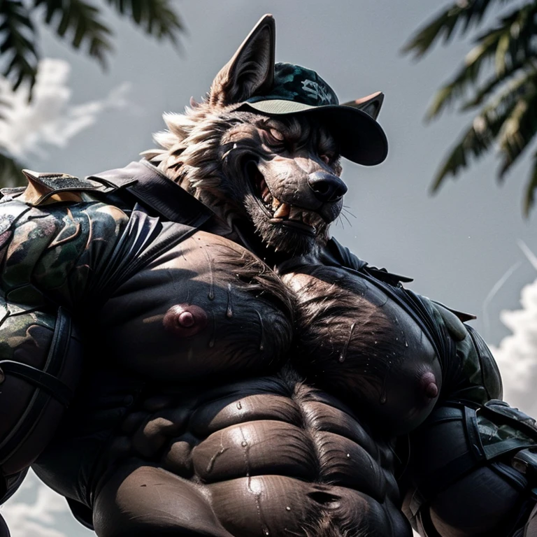 score_9, score_8_up, score_7_up, source_furry, source_cartoon, BREAK,  anthro, (wolf:1) barazoku, big pecs, bodily fluids, body hair, camo hat, chest hair, (hat over eyes:1),(shadowed eyes:1), hat headgear, hi res, male, musclegut, nipples  pecs, smile, solo,(black tank top:1), sharp teeth, topwear, (nipple focus:1.3), (big trapezius),  (side view), biceps, BREAK (sketch, lineart:1.3), toomanyboners, by toomanyboners,glistening skin, sweating, sweat, armpit hair, armpit, (down view angle, POV, nipple focus:1.2), looking down, down view, worm's eye view, pec pov