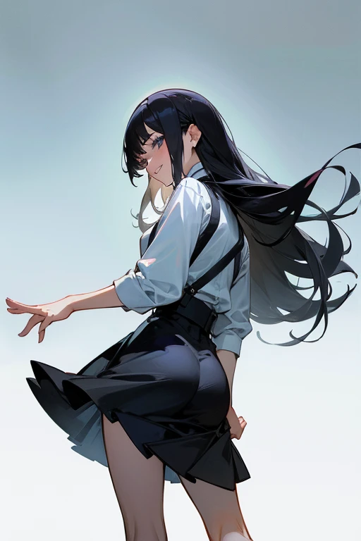 (Highest Resolution, clear_image) Highest quality, single, One Woman, alone, masterpiece, Very detailed, Semi-realistic, Black Hairのショートヘア, Black Hair, bangs, 18-year-old, mature, light blue uniform, uniform, Indoor Background, kind, Authoritative, Powerful, exquisite features, exquisite features、Eyelashes become longer、Showing teeth、smile😀、Maid clothes、reference、Put your hands on your hippie skirt、Upward glance、Boom in the ass、