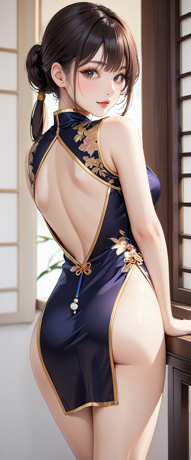 (masterpiece,highest quality,超A high resolution),japanese woman, (((Very beautiful 25 year old girl))), pretty girl、look at the photographer、 ((beautiful low ponytail)), super cute face, glossy lips, double eyelids in both eyes,natural smile、 natural makeup, long eyelashes, Shiny and smooth hair、center image, perfect limbs, perfect ???????,(((China dress)))、(((turn around and look back)), smooth skin