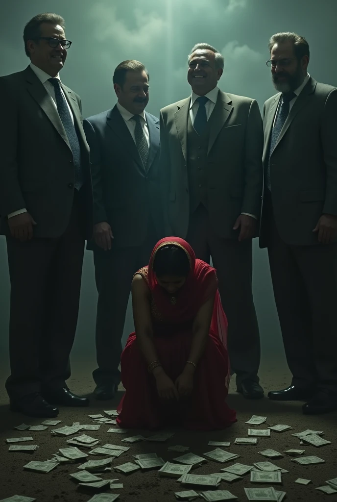 Black shadow image Some group of rich men showing money power and make laugh of a depressed indian woman