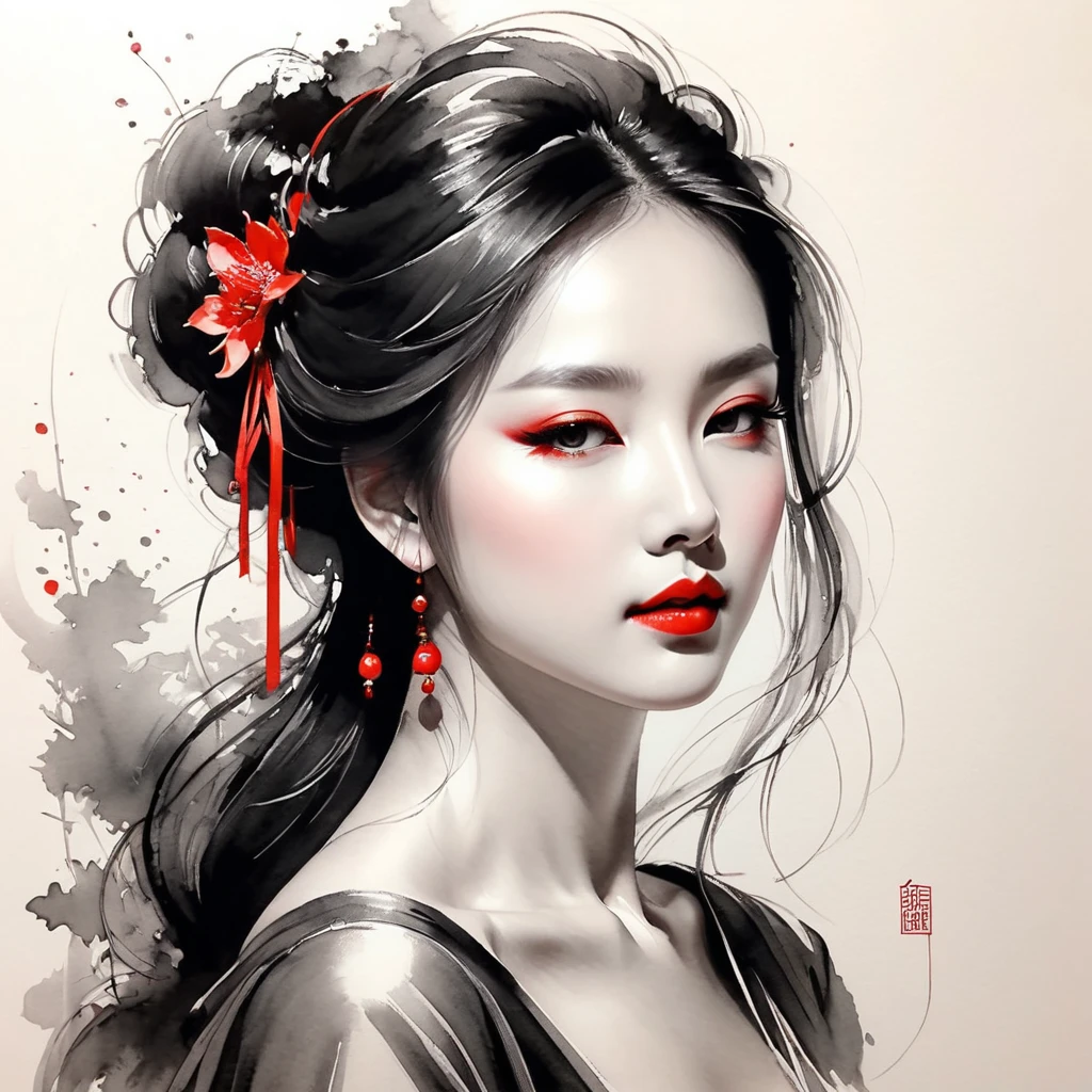 elegant maiden,black andwhite水墨画,pen sketch drawing,loose brushwork,Pen outlines delicate lines,Fluid action,Subtle shades of paint,elegant posture,A peaceful expression,Delicate facial features,black andwhite,to clean, small red color.